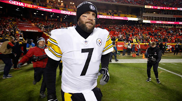 Pittsburgh Steelers quarterback Ben Roethlisberger (7) runs onto the field before an NFL wild-card playoff football game against the Kansas City Chiefs, Sunday, Jan. 16, 2022, in Kansas City, Mo. Ben Roethlisberger's NFL career is over. The longtime Pittsburgh Steelers quarterback announced his retirement on Thursday, Jan. 27, 2022, saying it was “time to clean out my locker, hang up my cleats” after 18 years, two Super Bowls, countless team records and a spot in the Hall of Fame all but secure.
